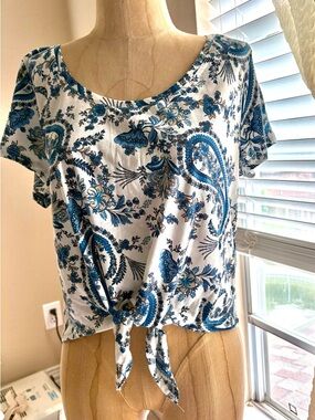 H&M White and Blue Floral Tie-Front Crop Top
